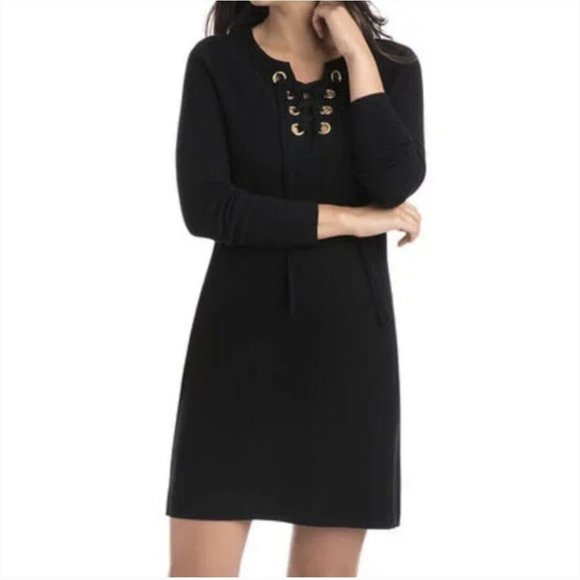 Vineyard Vines Wool Lace Up Long Sleeve Mini Black Sweater Dress - Picture 1 of 11